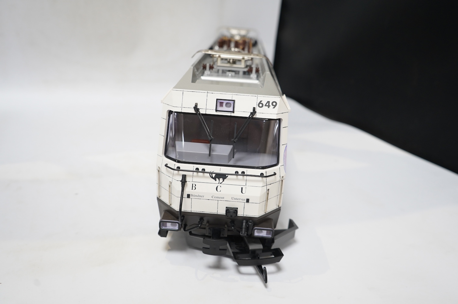 A boxed Lehman LGB (24420) G scale railway BCU Bo-Bo electric pantograph locomotive, 649, in grey and white livery. Condition - good, evidence of very minor running wear only.